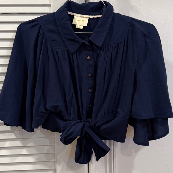 Anthropologie Tops - Maeve blue crop top capelet tie waist sz 2 button up and tie waist